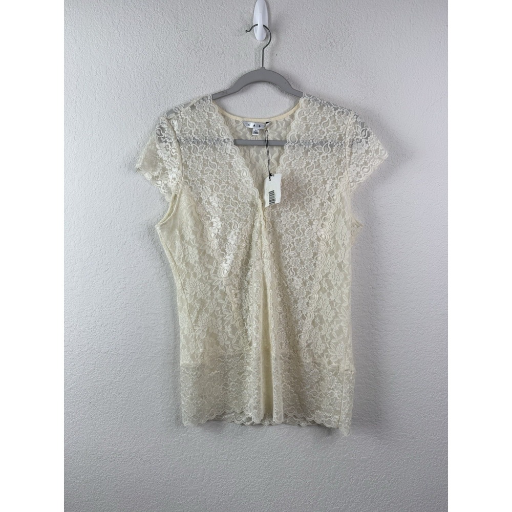 CAbi Lace Top Tunic Stretch Women's L Ivory Sheer Cap Sleeve Y2K Romantic NWT - Picture 8 of 8